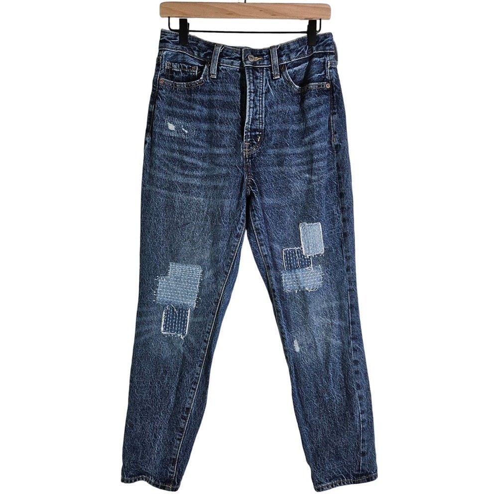 Old Navy O.G. Straight Extra‎ High Rise Patch Knee Jeans 6 Blue Appliqued